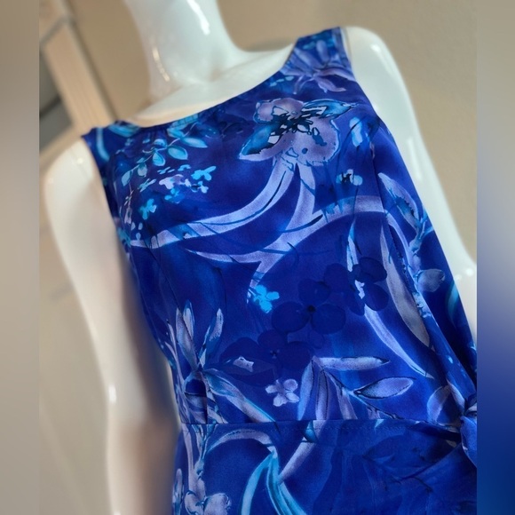 Expressions~Tropical Blue Faux Wrap Midi Dress~Scoop Neck~Sleeveless~Size 10 - Picture 12 of 16